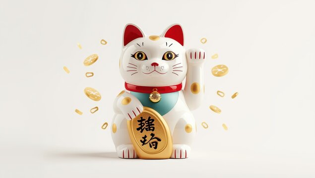 Traditional Chinese fortune cat on a white backdrop.