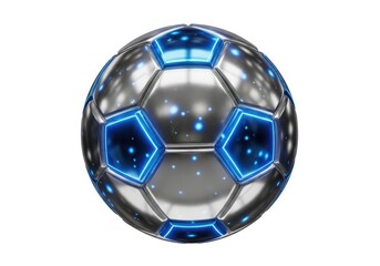 Naklejka premium Shiny metallic soccer ball with glowing blue neon accents on a white background