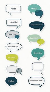 Speech bubbles with text "Hello!", "Great idea!", "New message...", and lorem ipsum