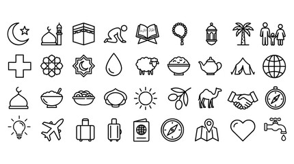Fototapeta premium Collection of diverse outline style icons representing various islamic traditions and cultural travel symbols for modern creative graphic design projects