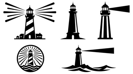 Fototapeta premium Collection of black and white lighthouse vector illustrations featuring various maritime navigation structures for creative graphic design and branding projects