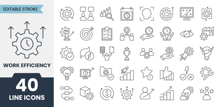Work Efficiency line icons set with editable stroke. Containing time management, optimization, teamwork, efficiency, workflow, productivity and more. Vector illustration