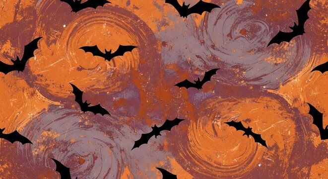 Spooky Halloween pattern with silhouetted bats against swirling orange and purple textures