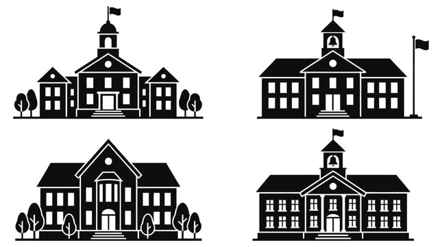 Set of black and white school building vector illustrations representing educational architecture for students and teachers in academic settings