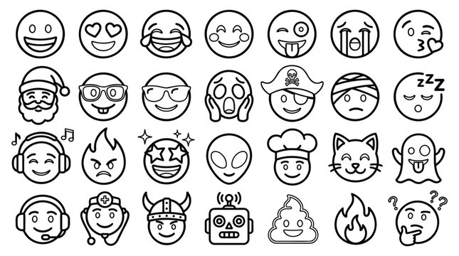 Collection of diverse outline emoji icons featuring various facial expressions and creative characters set in a clean vector illustration style