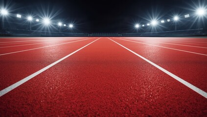 Fototapeta premium Vacant red track with white lines stretching ahead. Pristine athletic field without any spectators. Sports backdrop idea for contests, exercise, or inspiration themes.