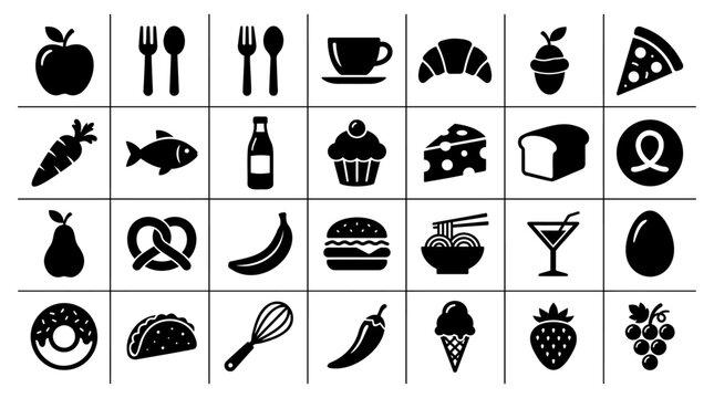 Diverse collection of food and drink vector icons featuring various culinary items arranged in a clean grid layout for design