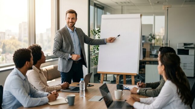 Smiling handsome businessman presenting corporate strategy on white flipchart during team meeting in modern office.