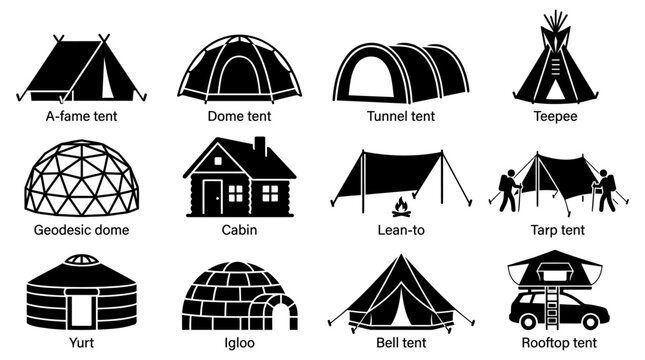 Set of various camping tents and shelters designed as black flat vector icons for outdoor recreation and travel equipment guides