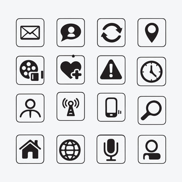 Set of sixteen flat design icons featuring communication and technology symbols
