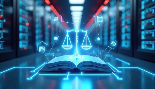 Digital law book with glowing scales of justice icon. Abstract legal tech network connects to data, documents, and user profile symbols in server room.