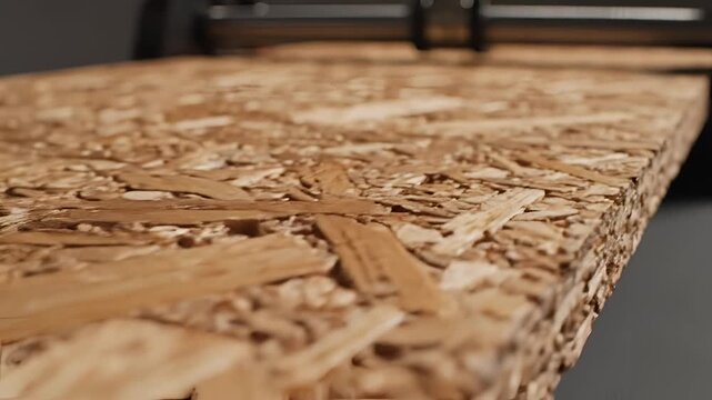 Closeup of Oriented Strand Board OSB texture and construction material detail.