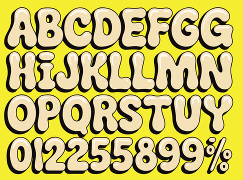 Retro Bubble Alphabet and Numbers Vector, Glossy Balloon Font Set on Yellow Background