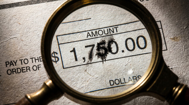 Forged Bank Check with Altered Numbers - Document Forgery Investigation and Financial Fraud Evidence under Magnification
