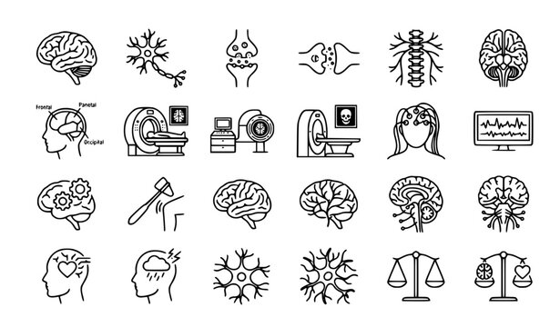 Monochrome neurology and neuroscience icon collection with medical diagnostic outline symbols