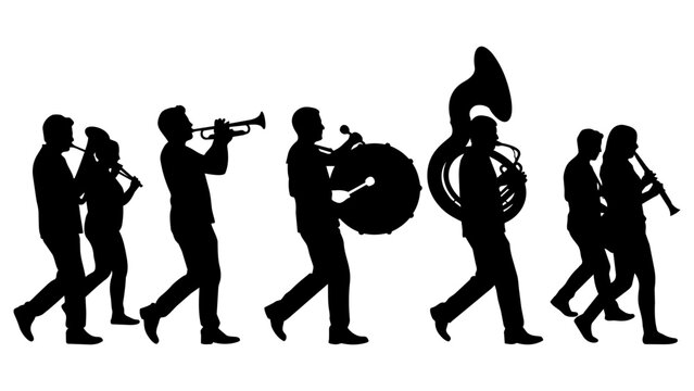 Silhouettes of a marching band playing musical instruments isolated on transparent background