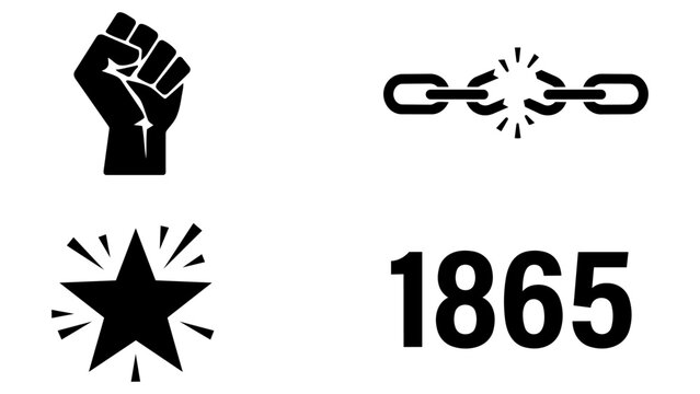 Juneteenth celebration symbols, raised fist, broken chain, and star, representing freedom and the end of slavery in 1865 isolated on transparent background