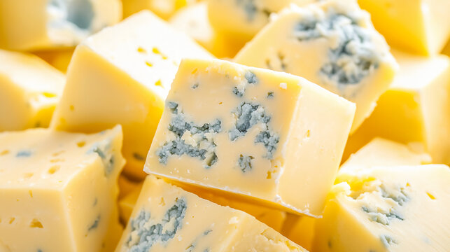 Close-up image of creamy blue cheese cubes with visible blue mold veins, showcasing rich texture and color contrast.