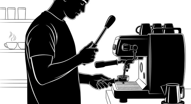Barista preparing coffee using espresso machine detailed illustration.