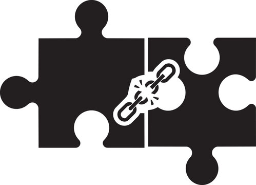 Broken chain link connecting two puzzle pieces, concept of disconnection or failed partnership isolated on transparent background