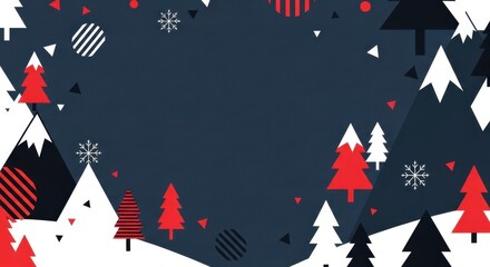 Obraz premium Modern winter landscape frame with red and black geometric trees and snowy mountain peaks.