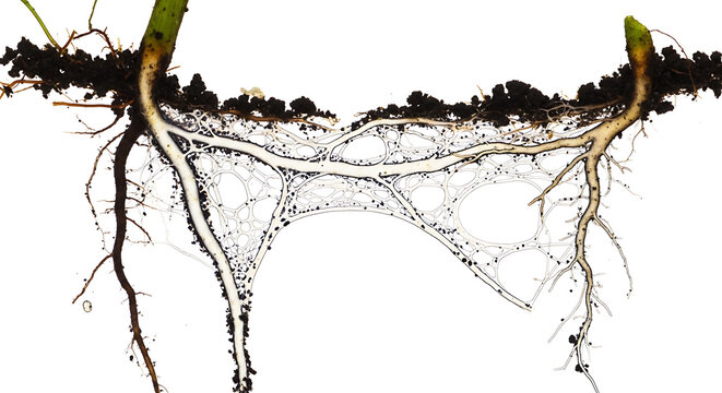 Detailed illustration of isolated plant roots and soil fungi network