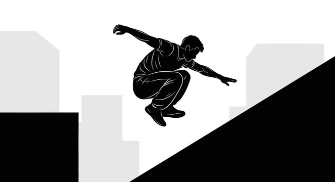Silhouette of a man performing a parkour jump.