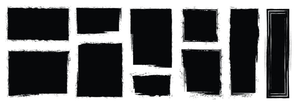 Set of  black rectangular grunge template backgrounds. Black square shapes with ripped jagged borders on white background.set of blank rectangle photo frames,sticker, poster