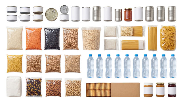Emergency food supply collection, non-perishable grocery items and bottled water, survival pantry stock for humanitarian aid and disaster relief