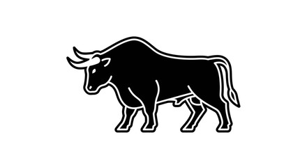 Fototapeta premium Black silhouette of a powerful bull with horns and muscular body, isolated on white background.