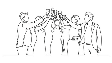 Obraz premium continuous line art A group of business people toasting with glasses.