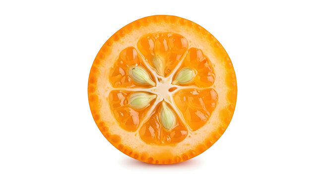 Half of a fresh kumquat citrus fruit isolated on a white background, bright orange