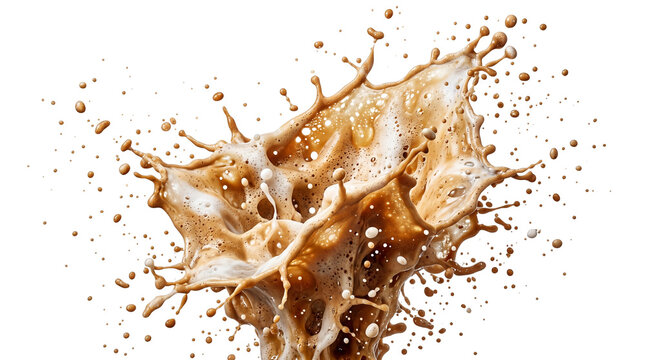 Dynamic coffee splash with milk on white background, explosive brown liquid crown, fresh latte macchiato droplets in motion for beverage advertising