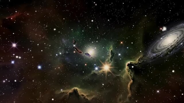 Epic wide video of a vast cosmic expanse featuring iridescent, swirling crimson, emerald, and golden nebulae against a dark void with twinkling stars. Majestic deep space concept