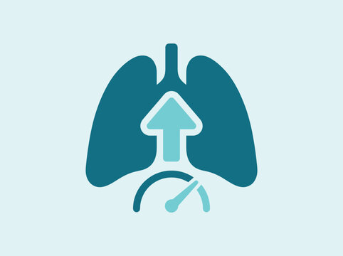 Vector icon of lungs with an upward arrow and a speedometer gauge, representing increased respiratory rate or improved lung function