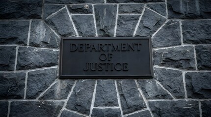 Obraz premium Official Government Plaque Displaying 'Department of Justice' Text on a Robust Stone Wall Facade, Highlighting Institutional Authority and Architectural Detail