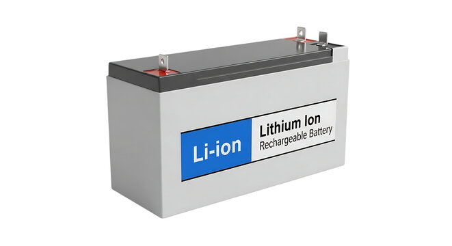 Lithium ion rechargeable battery white casing with blue label on transparent background