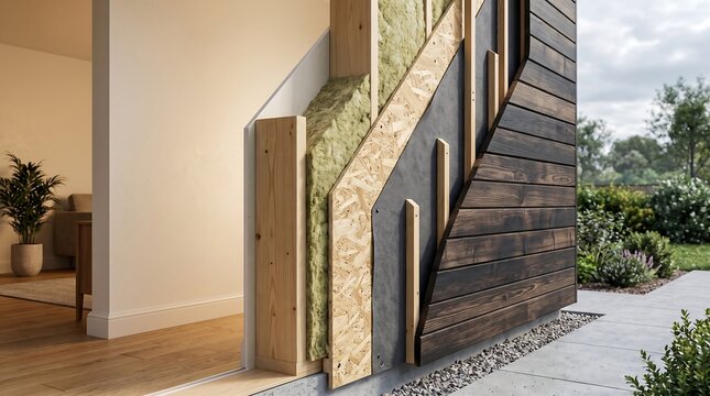 Realistic wall cross-section cutaway showing all construction layers from plasterboard interior to timber cladding exterior