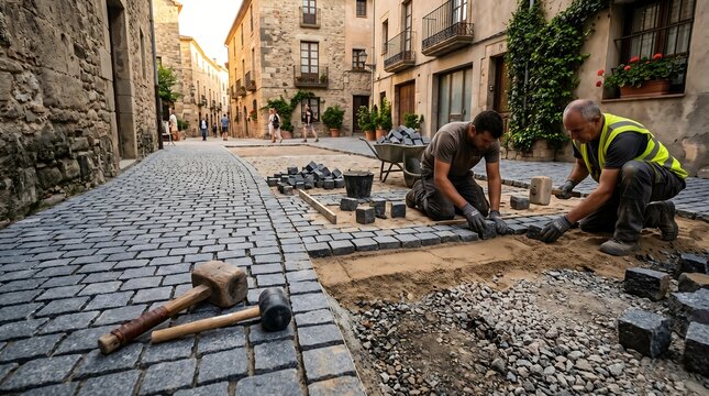 Courtyard paving in progress, granite cobblestones half-laid on sand bed, exposed sub-base on unfinished side, afternoon light