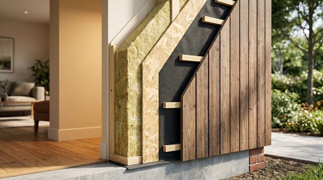 Detailed wall section render, timber frame construction with full insulation and cladding system, annotated photorealistic cutaway