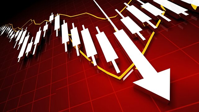 A downward financial chart visualization shows declining market trends with arrows and graphs on a digital screen.