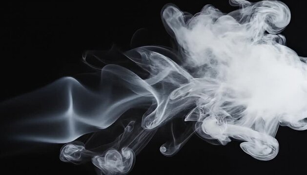 Wisps of white smoke curl and expand in abstract, organic shapes against a stark black background, creating a dynamic and ethereal visual effect with delicate textures and flowing forms