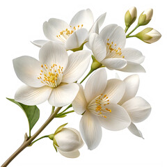 Naklejka premium Beautiful white flowers with yellow stamens on a branch isolated on transparent background