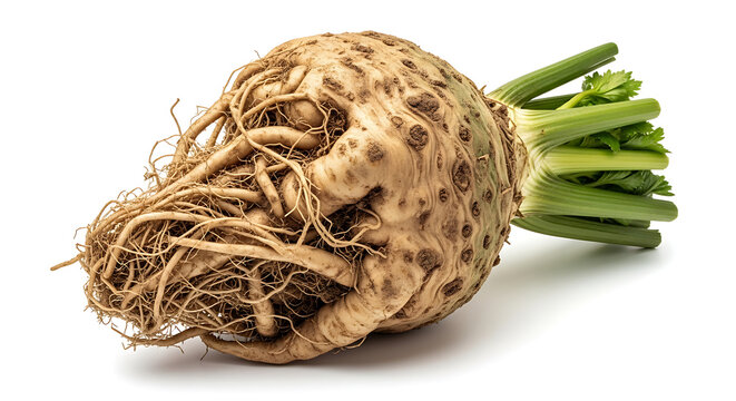 Celery root isolated on white background, fresh celeriac root with green stalks