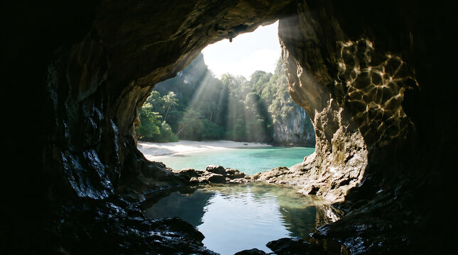 Sunlight pierces through a dark cave opening, illuminating a stunning tropical beach with turquoise waters and lush green cliffs beyond.