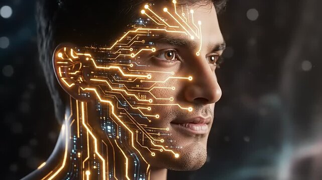 Cyborg face with circuit board design.