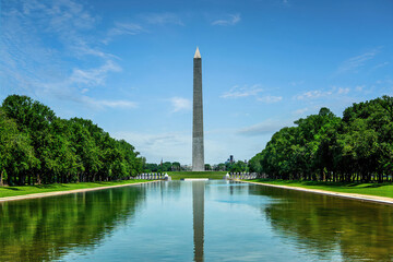 Front view of the Washington Monument reflected in the Reflecting Pool on a clear summer day in Washington DC. © VisualCoordinates