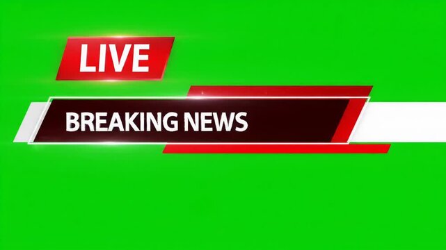 Crisp hd broadcast news graphic overlay template, red and white lower third, live indicator, and scrolling ticker on vibrant chromakey green screen. Dynamic breaking news concept