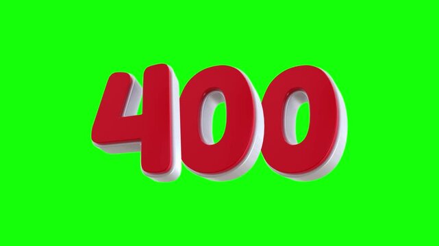 Animated number 400 in gold red and black colors isolated on green screen background.