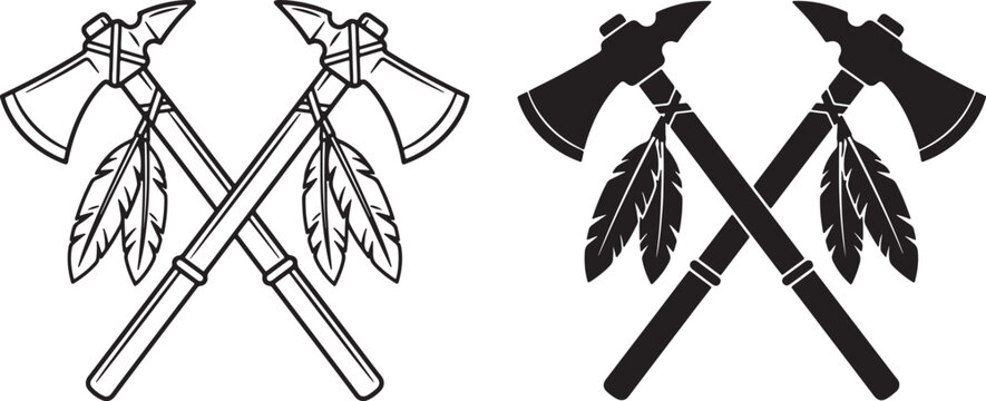 Black and white of crossed tomahawks with feathers also transparent background